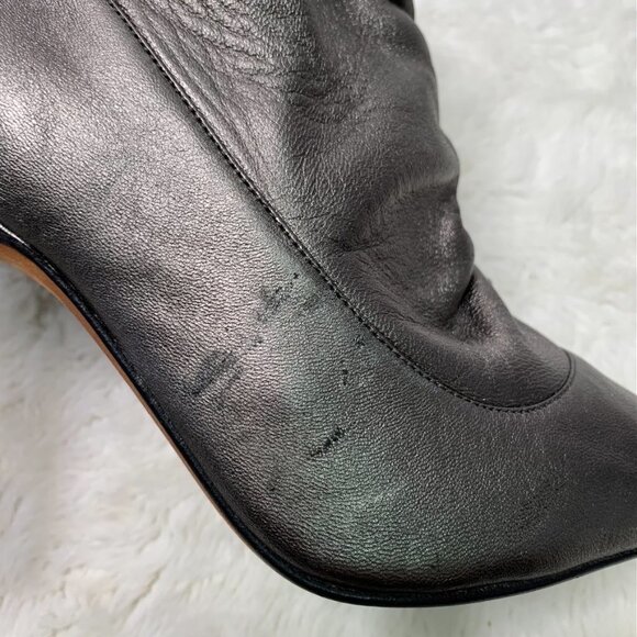 Manolo Blahnik Women's Pewter Silver Peep Toe Ruched Stiletto Booties Size 38.5 - Picture 4 of 15